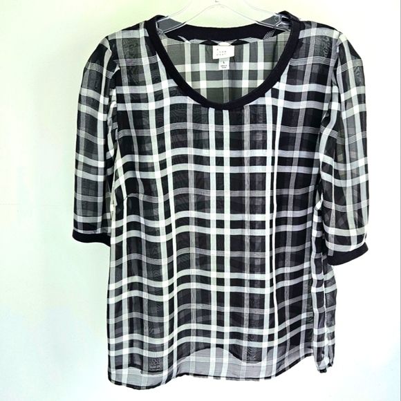 A New Day plaid navy white pullover semi-transparent top - Picture 1 of 3